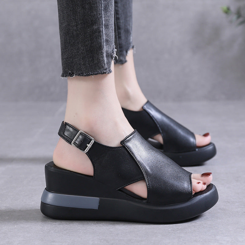 Wholesale Leather Thick Sole Slope Heel Sandals
